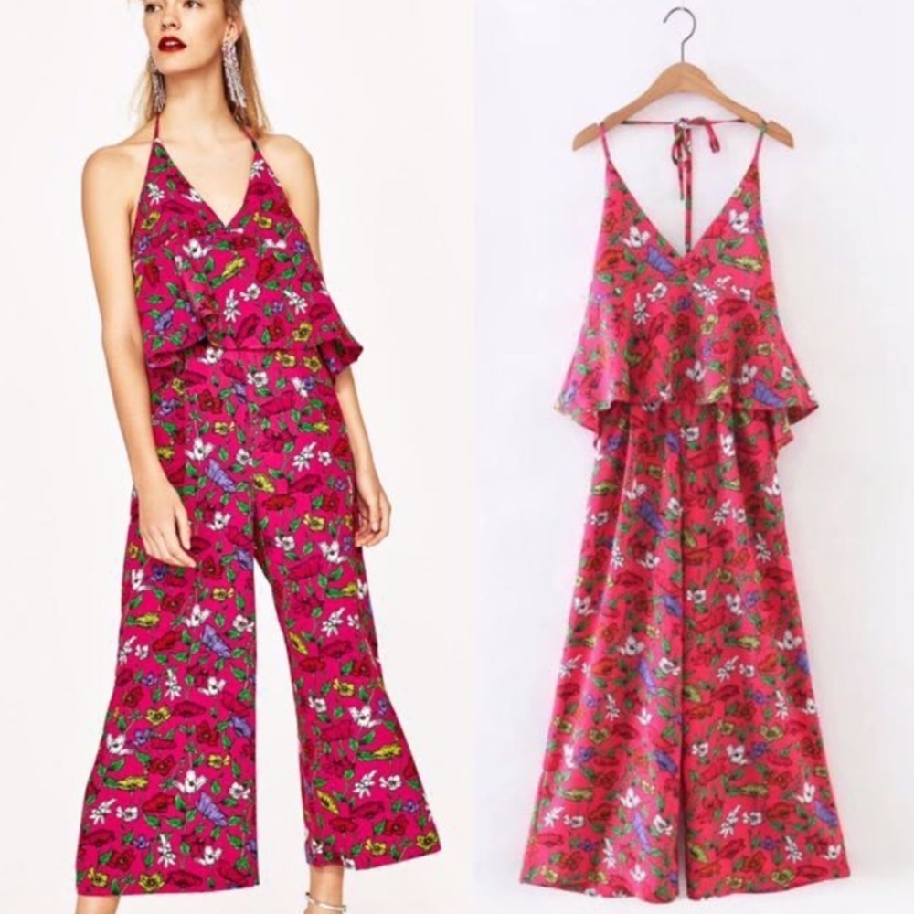 ZARA // hot pink floral halter open back jumpsuit - Picture 2 of 8